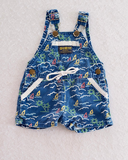 Vintage OshKosh B'Gosh Tropical Sailboat Print Denim Shortalls: 3-6M - Yellow Clover Vintage Kids Clothes