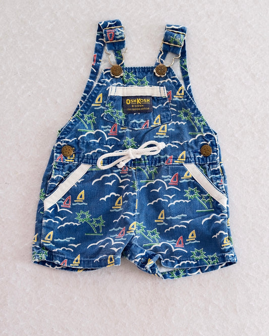 Vintage OshKosh B'Gosh Tropical Sailboat Print Denim Shortalls: 3-6M - Yellow Clover Vintage Kids Clothes