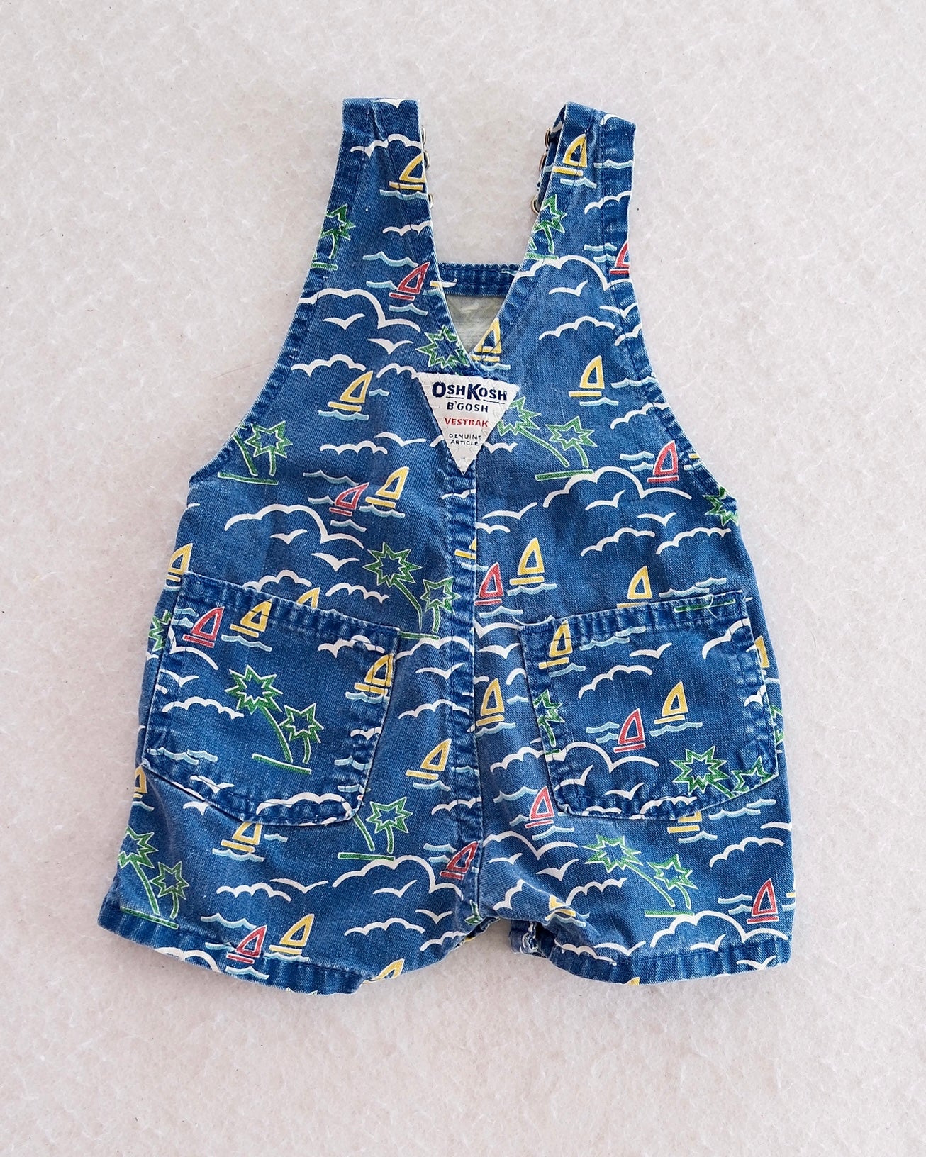 Vintage OshKosh B'Gosh Tropical Sailboat Print Denim Shortalls: 3-6M - Yellow Clover Vintage Kids Clothes