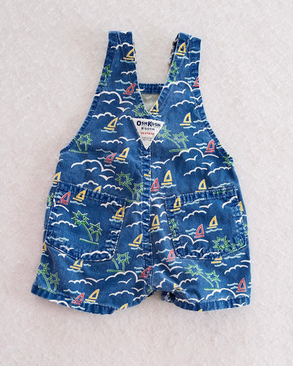 Vintage OshKosh B'Gosh Tropical Sailboat Print Denim Shortalls: 3-6M - Yellow Clover Vintage Kids Clothes