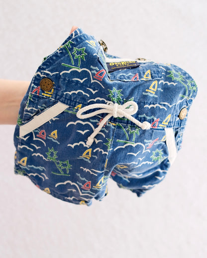 Vintage OshKosh B'Gosh Tropical Sailboat Print Denim Shortalls: 3-6M - Yellow Clover Vintage Kids Clothes