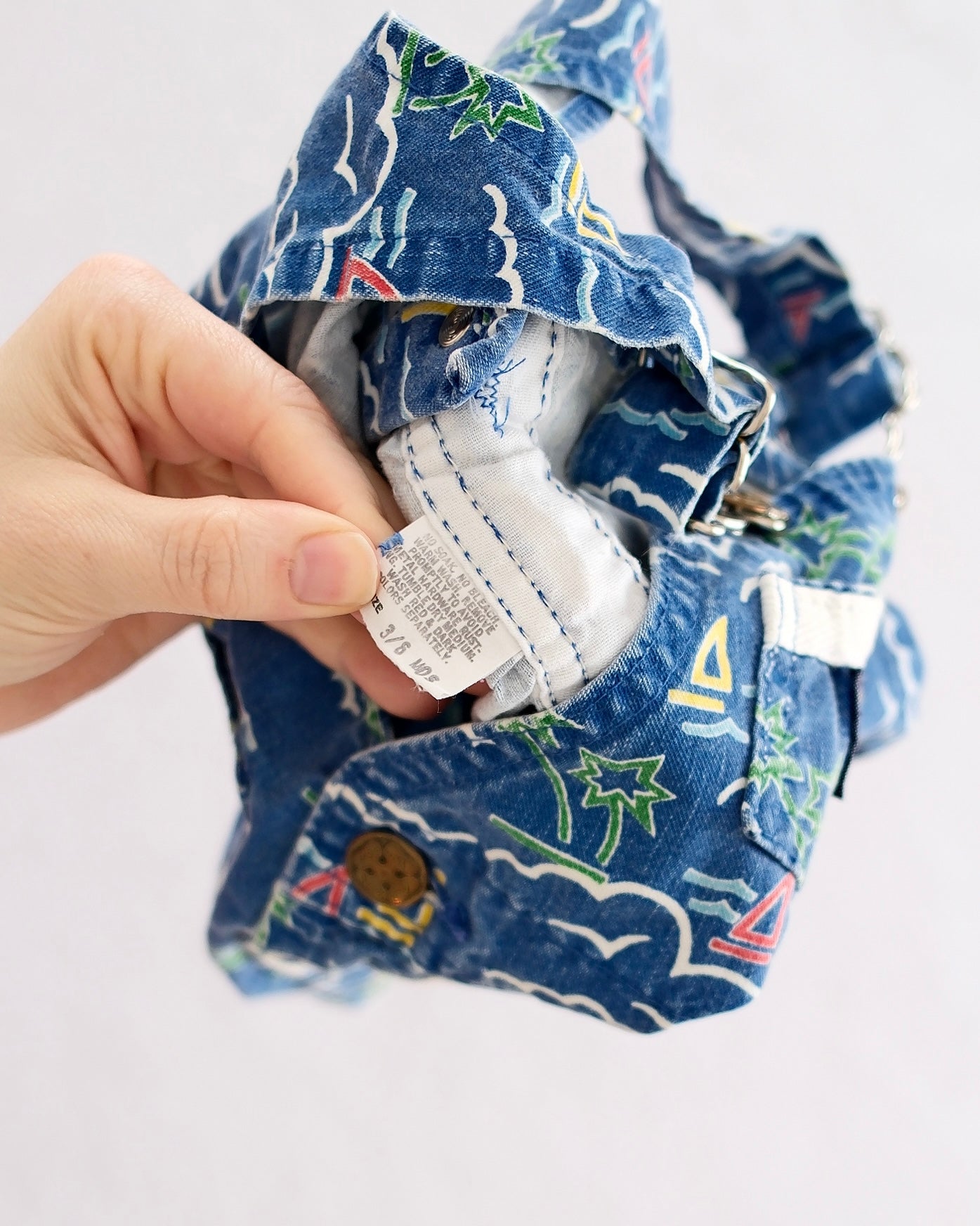 Vintage OshKosh B'Gosh Tropical Sailboat Print Denim Shortalls: 3-6M - Yellow Clover Vintage Kids Clothes