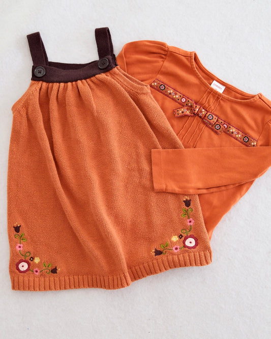 2006 Vintage Gymboree Harvest Leaves Rust Knit Jumper Dress & Floral Ribbon Top Set, size 3T