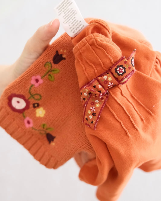 2006 Vintage Gymboree Harvest Leaves Rust Knit Jumper Dress & Floral Ribbon Top Set, size 3T