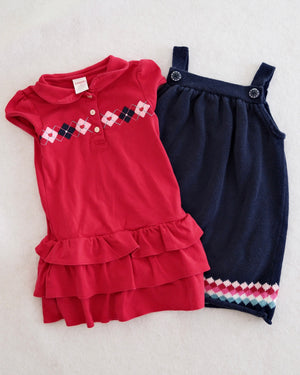 2008 Y2K Gymboree Puppy School Argyle Ruffle Dress & Navy Argyle Sweater Dress Set, size 3-3T