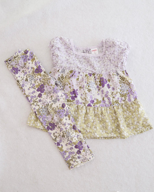 2009 Y2K Gymboree Cowgirls at Heart Purple Floral Tiered Top & Leggings Set, size 3T