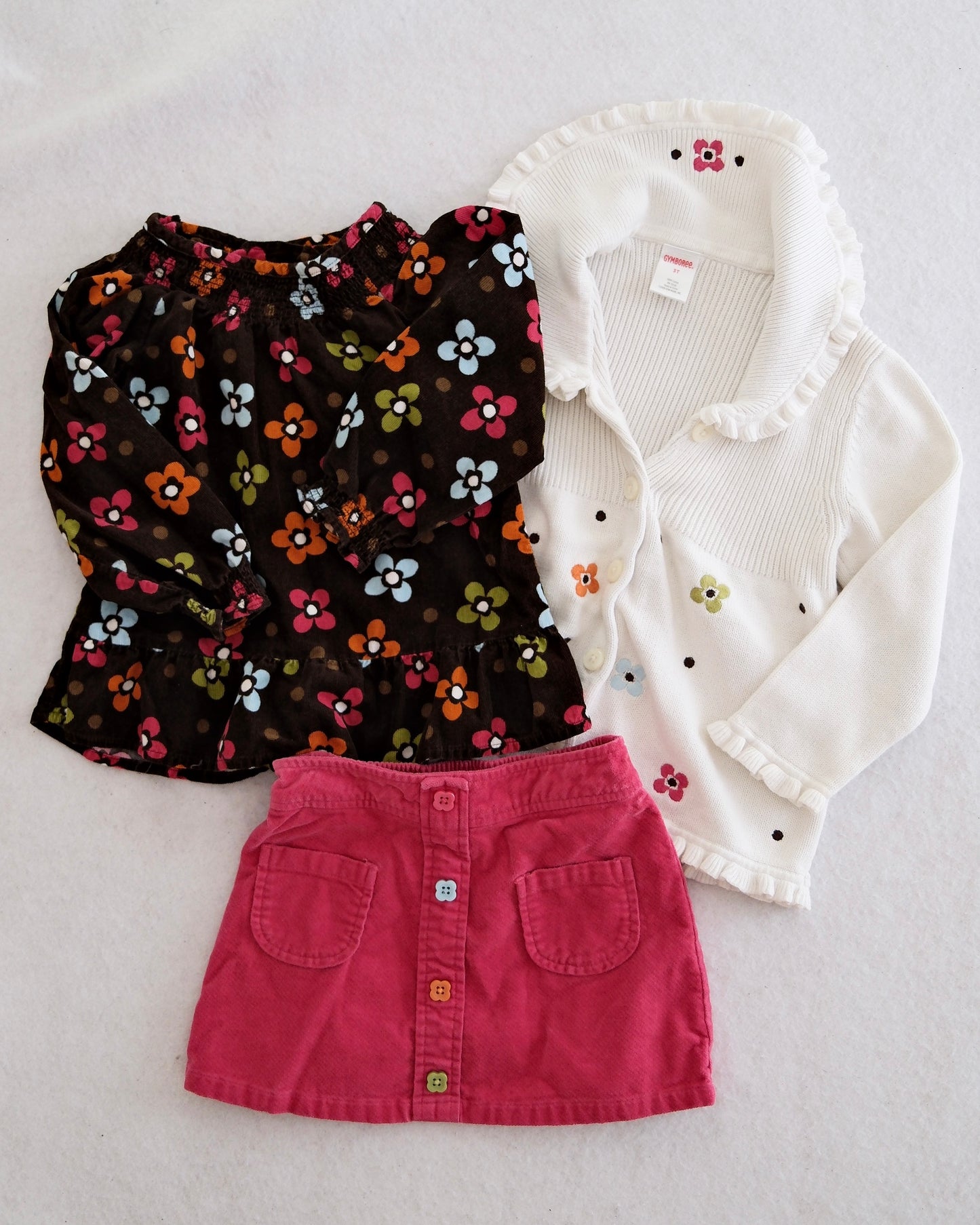2009 Y2K Gymboree Fall Homecoming Floral Corduroy Top, Ruffle Cardigan & Cord Skirt Set, size 3T