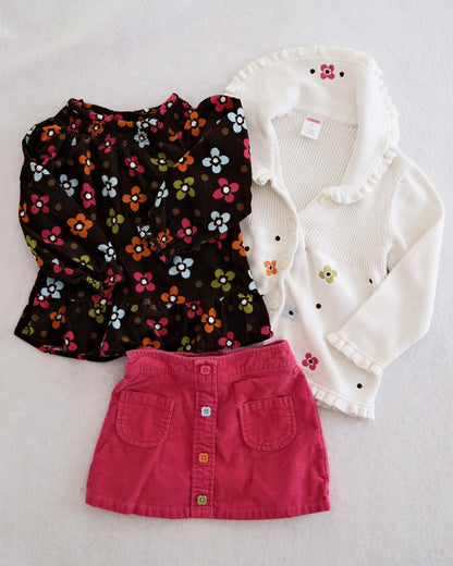2009 Y2K Gymboree Fall Homecoming Floral Corduroy Top, Ruffle Cardigan & Cord Skirt Set, size 3T