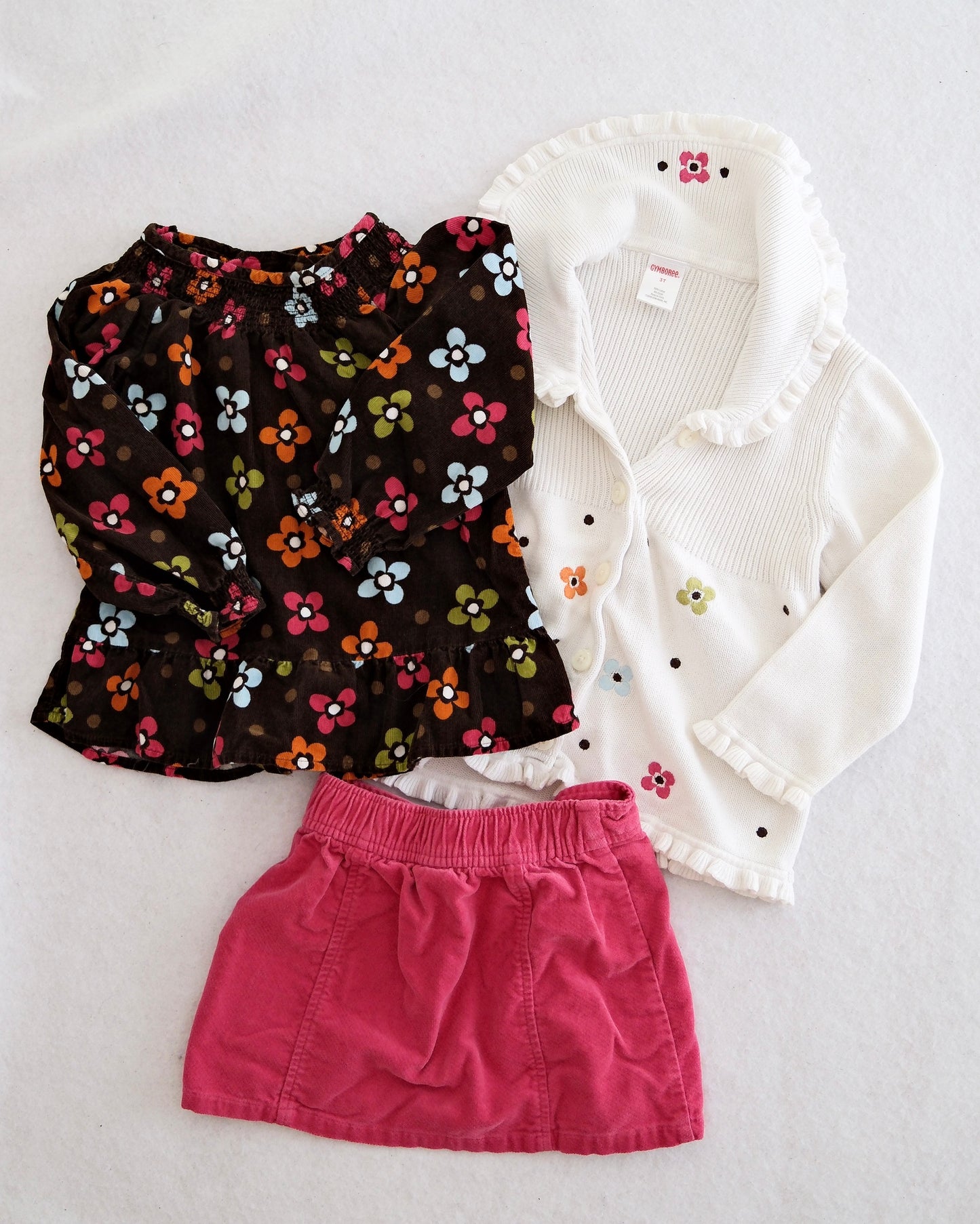 2009 Y2K Gymboree Fall Homecoming Floral Corduroy Top, Ruffle Cardigan & Cord Skirt Set, size 3T