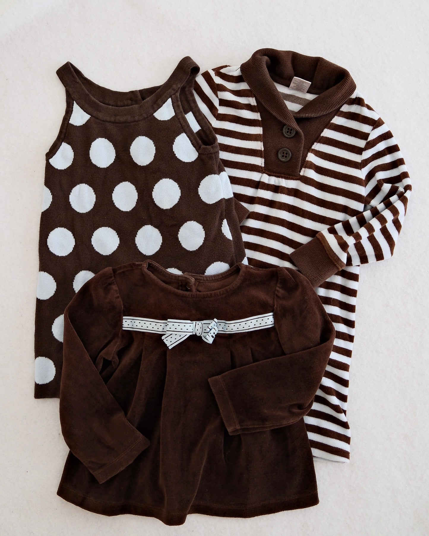 2010 Y2K Gymboree Brown Polka Dot Sweater Dress, Striped Henley Dress & Bow Top Set, size 3T
