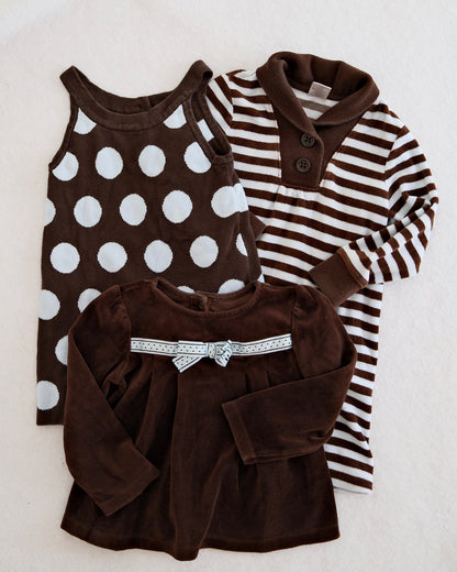 2010 Y2K Gymboree Brown Polka Dot Sweater Dress, Striped Henley Dress & Bow Top Set, size 3T