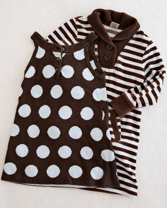 2010 Y2K Gymboree Brown Polka Dot Sweater Dress, Striped Henley Dress & Bow Top Set, size 3T