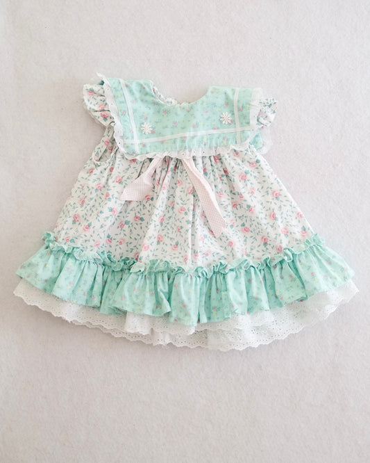Vintage Handmade Mint Floral Ruffle Sailor Collar Dress, size 18m?
