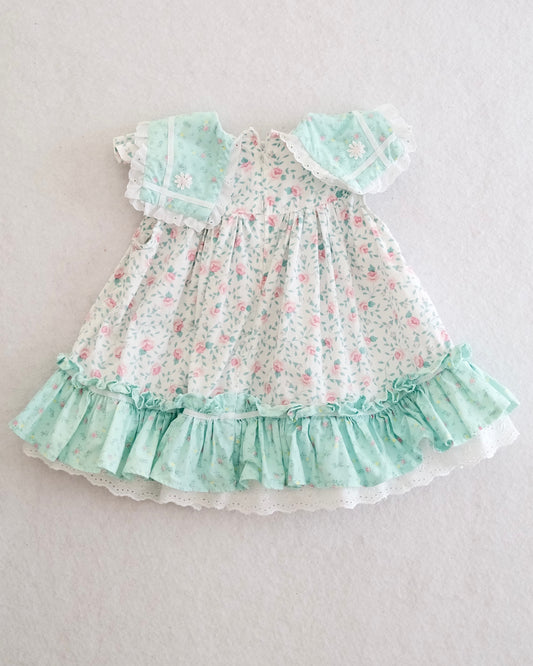 Vintage Handmade Mint Floral Ruffle Sailor Collar Dress, size 18m?