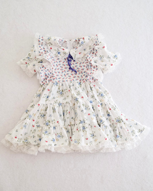 Vintage Handmade White Floral Circle Skirt Ruffled Prairie Dress, size 3T?