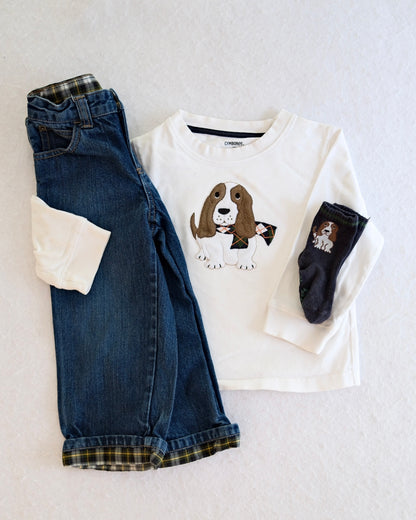 2008 Y2K Gymboree Basset Hound Tee, Flannel-Lined Jeans & Socks Set, size 2T