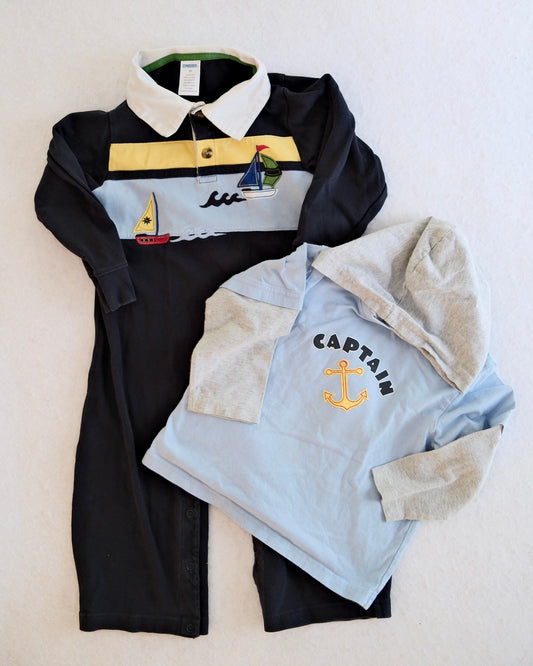 2006 Vintage Gymboree Sailboat Rugby Romper & "Captain" Anchor Tee Bundle, size 2T