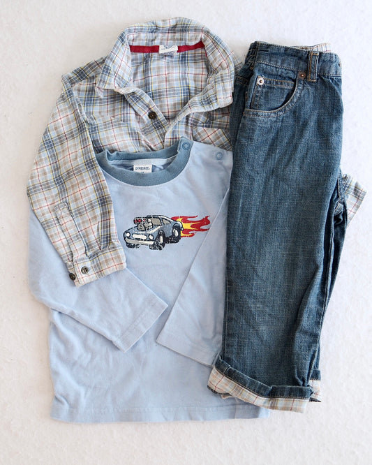 2003 Vintage Gymboree Race Car Tee, Plaid Shirt & Jeans Set, size 2T