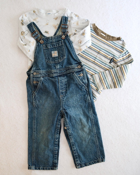 2004 Vintage Gymboree Dog Overalls, Fishing Print Bodysuit & Striped Bodysuit Set, size 2T