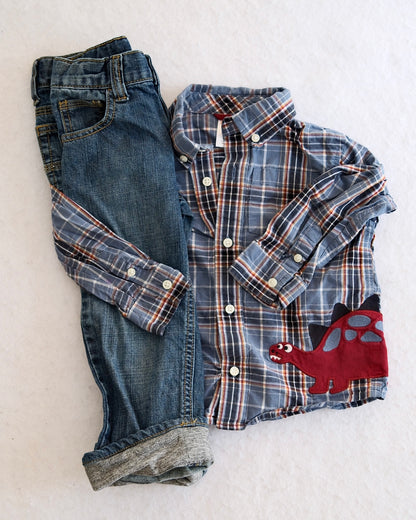 Y2K Gymboree Dinosaur Plaid Shirt & Jeans Set, size 2T