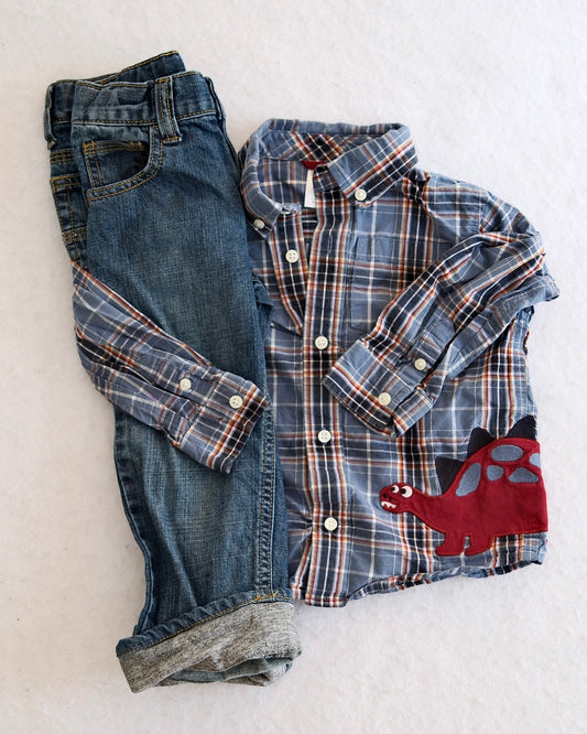 Y2K Gymboree Dinosaur Plaid Shirt & Jeans Set, size 2T