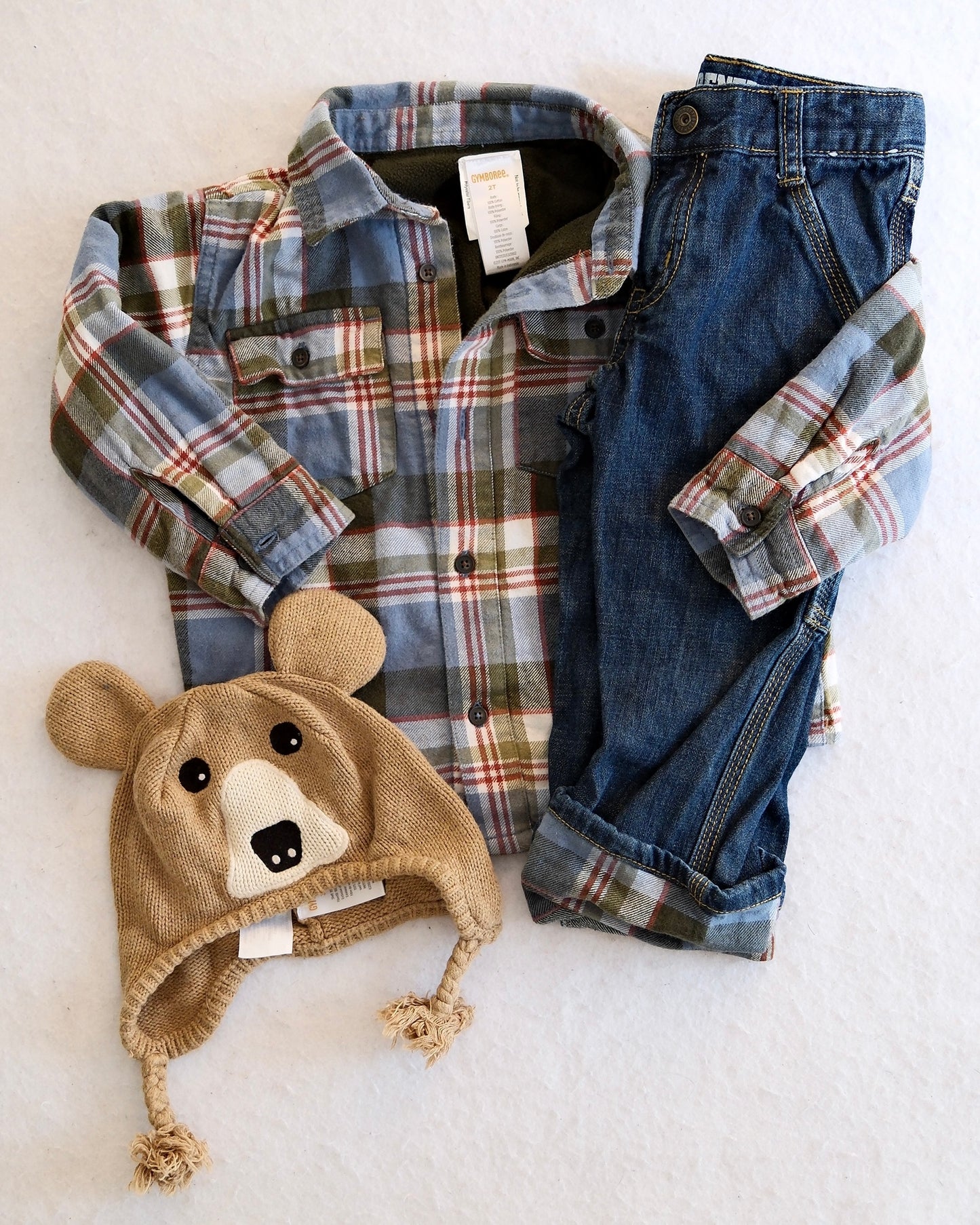 Y2K Gymboree Plaid Flannel Shirt, Jeans (2T) & Bear Hat (3-4y)