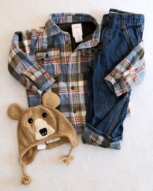 Y2K Gymboree Plaid Flannel Shirt, Jeans (2T) & Bear Hat (3-4y)