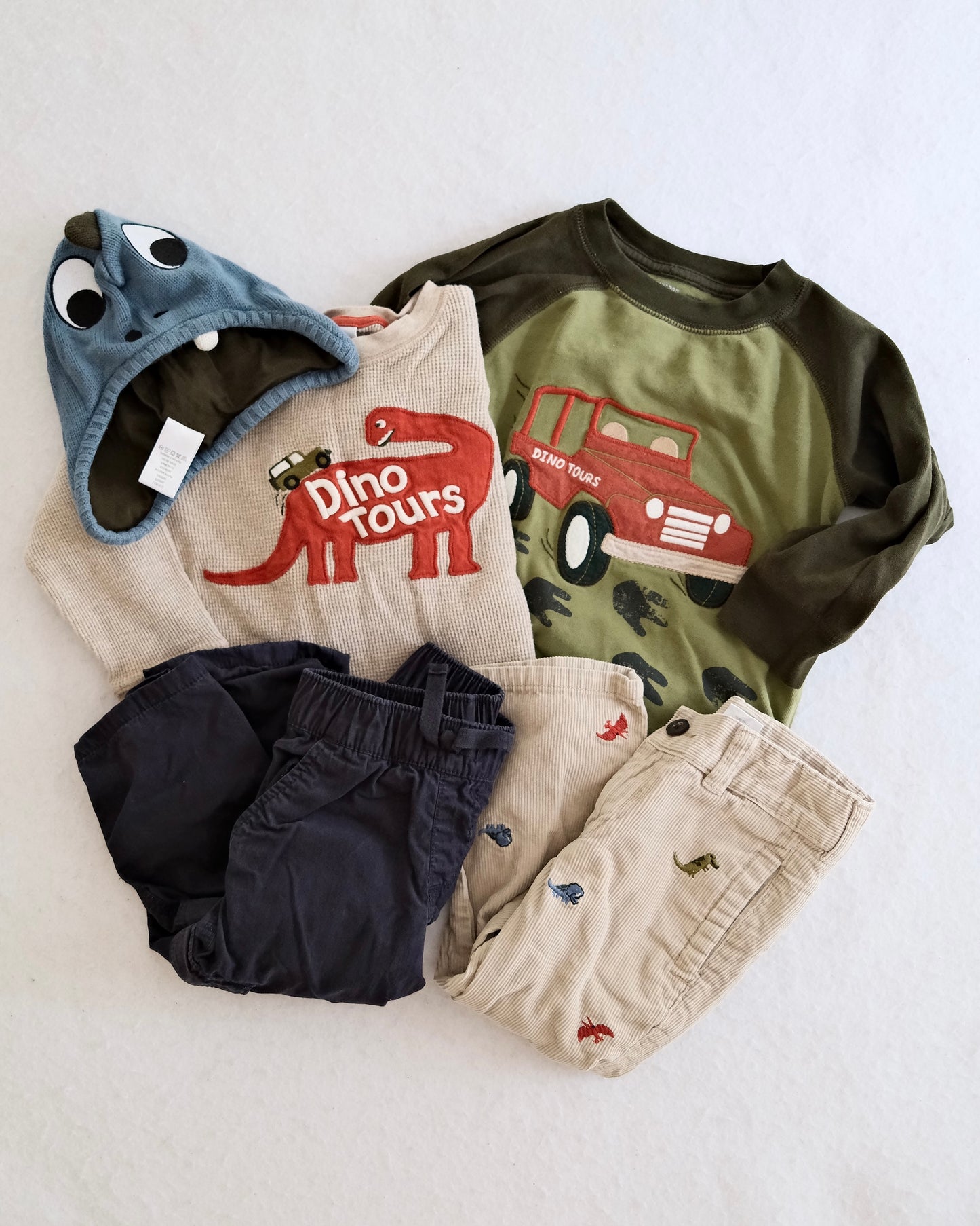 Y2K Gymboree "Dino Tours" Waffle Tee, Truck Tee, Cord Pants, Navy Pants (2T) + Hat (2/3T)