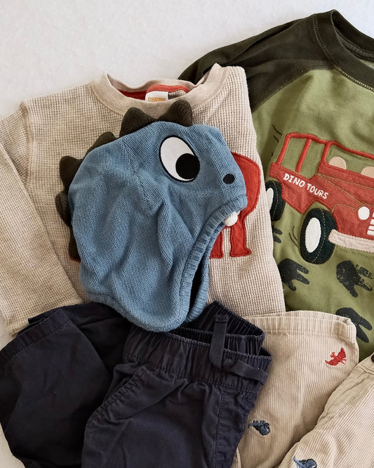 Y2K Gymboree "Dino Tours" Waffle Tee, Truck Tee, Cord Pants, Navy Pants (2T) + Hat (2/3T)