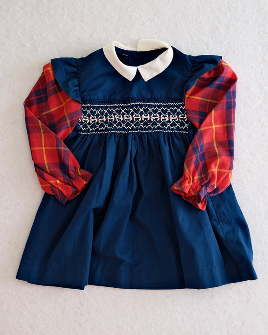 Vintage Navy Smocked Dress with Plaid Sleeves: 3T?