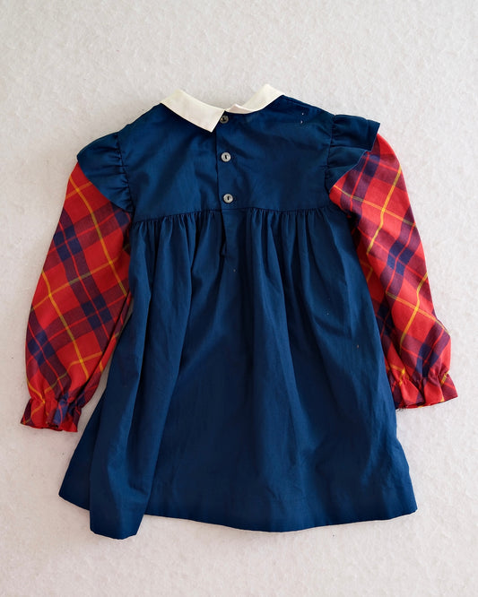 Vintage Navy Smocked Dress with Plaid Sleeves: 3T?