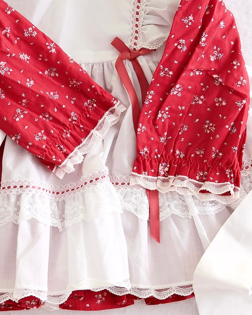 Vintage Bryan Red Floral Prairie Pinafore Dress: 3t