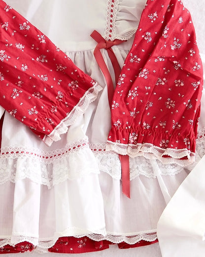 Vintage Bryan Red Floral Prairie Pinafore Dress: 3t