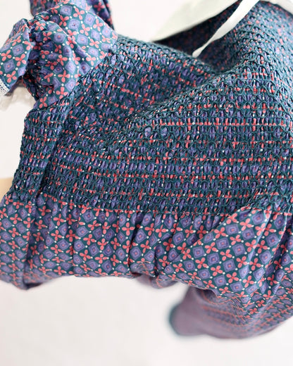 Vintage Saeki Blue Geo Floral Smocked Dress: 8y?
