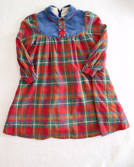 Vintage Japanese Rainbow Plaid Velvet Yoke Dress: 6y?