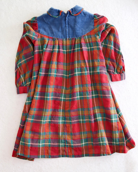 Vintage Japanese Rainbow Plaid Velvet Yoke Dress: 6y?