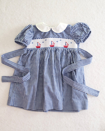 Vintage Lands' End Navy Gingham Sailboat Dress: 2t