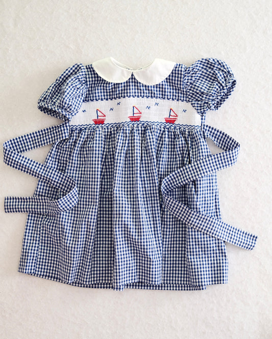Vintage Lands' End Navy Gingham Sailboat Dress: 2t