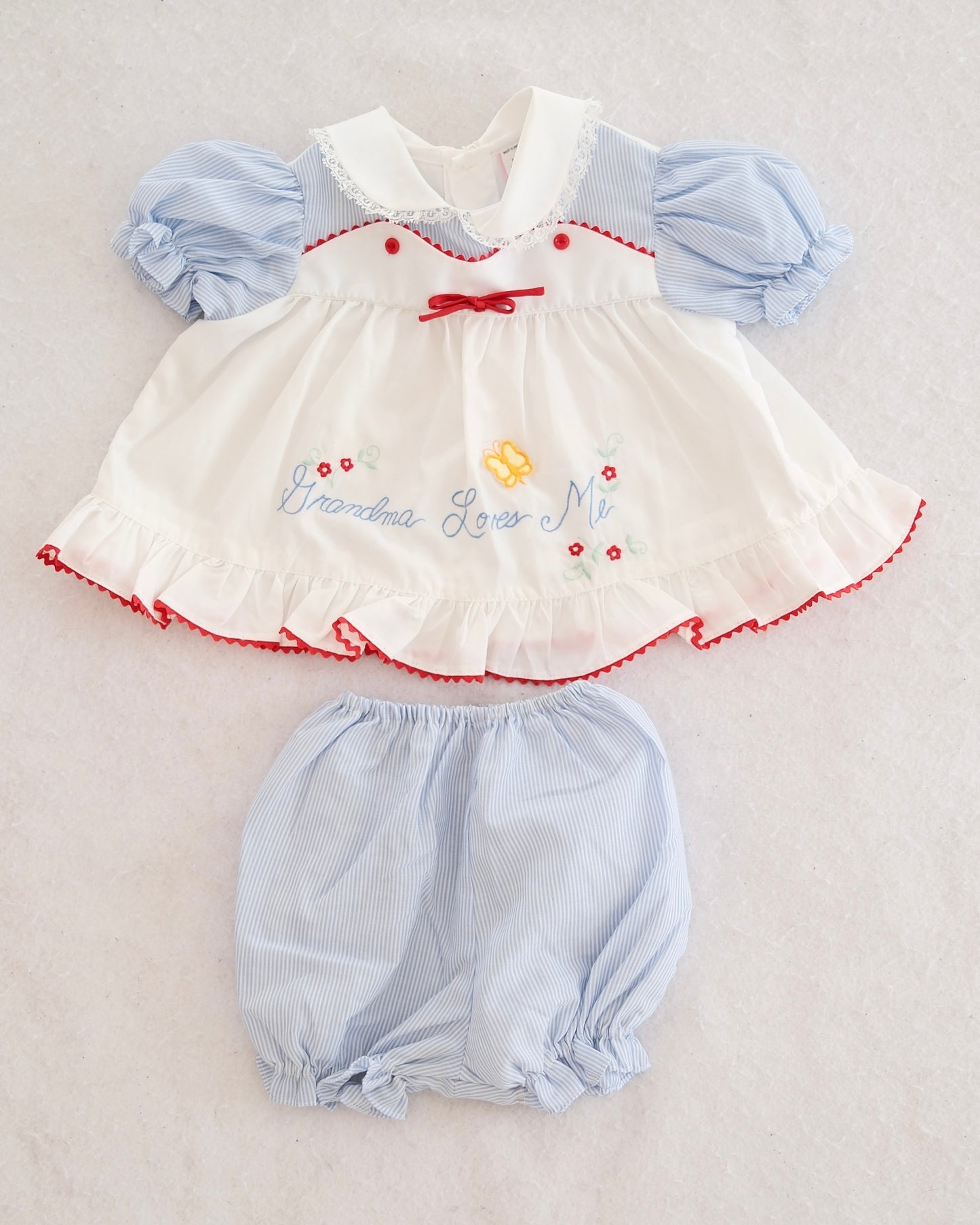 Vintage Blue Stripe "Grandma Loves Me" Dress Set: 18m