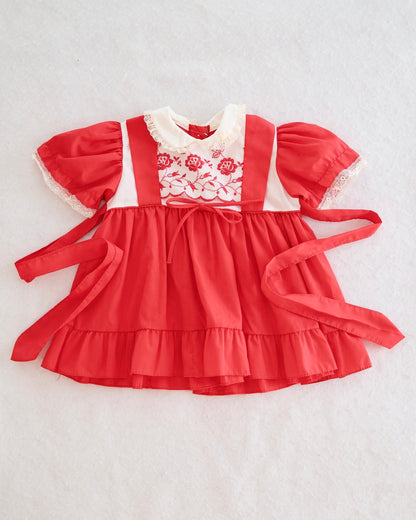 Vintage Red Floral Embroidered Pinafore Dress: 24m?