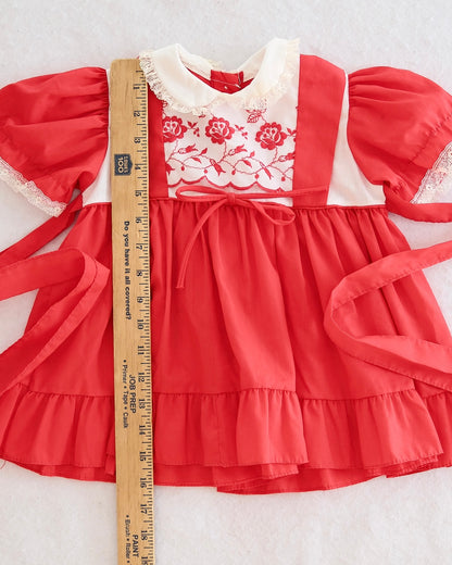 Vintage Red Floral Embroidered Pinafore Dress: 24m?