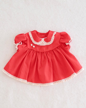 Vintage Red Lace Collar Baby Dress: 3m