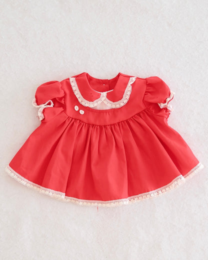 Vintage Red Lace Collar Baby Dress: 3m