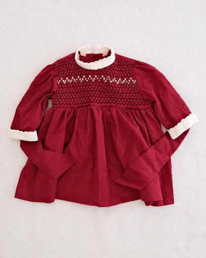 Vintage Burgundy Hand-Smocked Textured Dot Dress: 18m?
