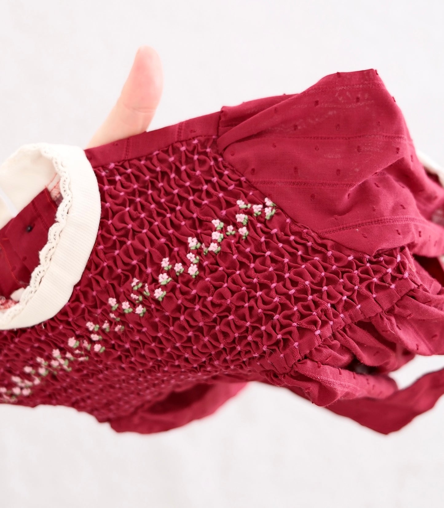Vintage Burgundy Hand-Smocked Textured Dot Dress: 18m?
