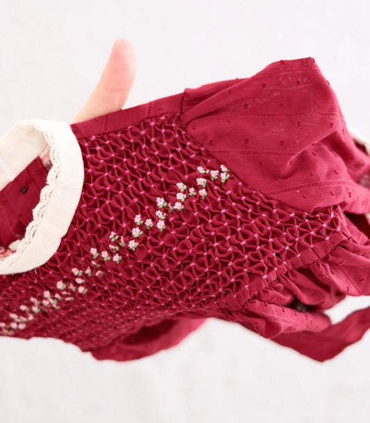 Vintage Burgundy Hand-Smocked Textured Dot Dress: 18m?