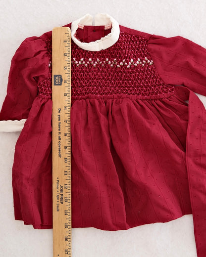 Vintage Burgundy Hand-Smocked Textured Dot Dress: 18m?