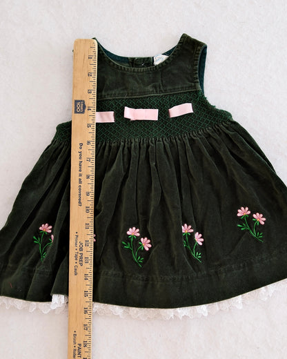 Vintage Green Velvet Floral Jumper Dress: 18m