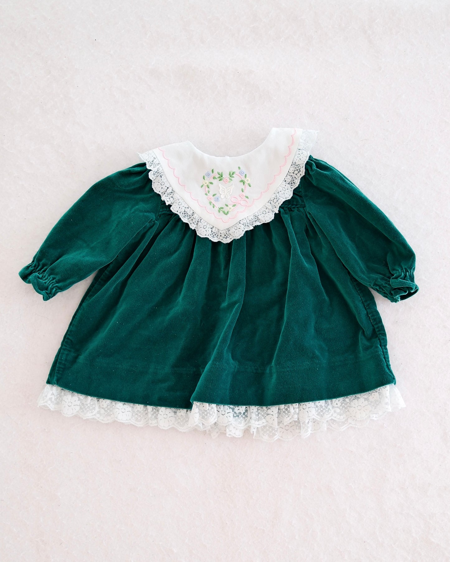 Vintage Green Velvet Embroidered Collar Dress: 18m
