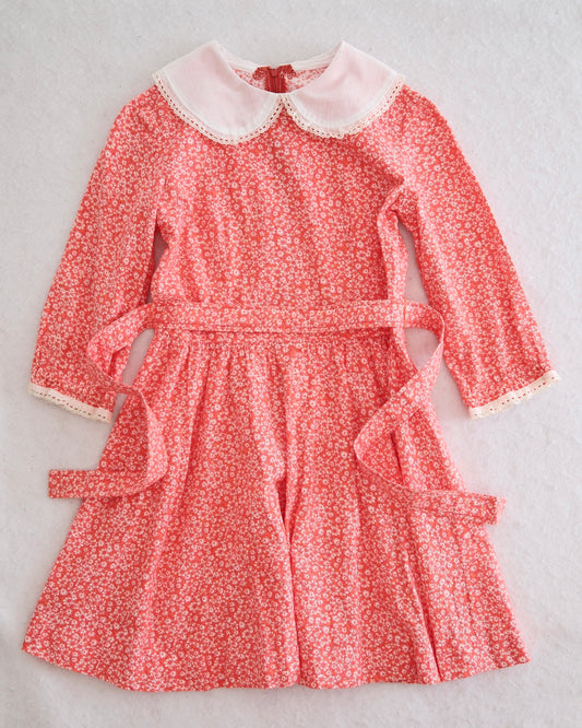 Vintage Handmade Coral Ditsy Floral Peter Pan Dress: 8y?